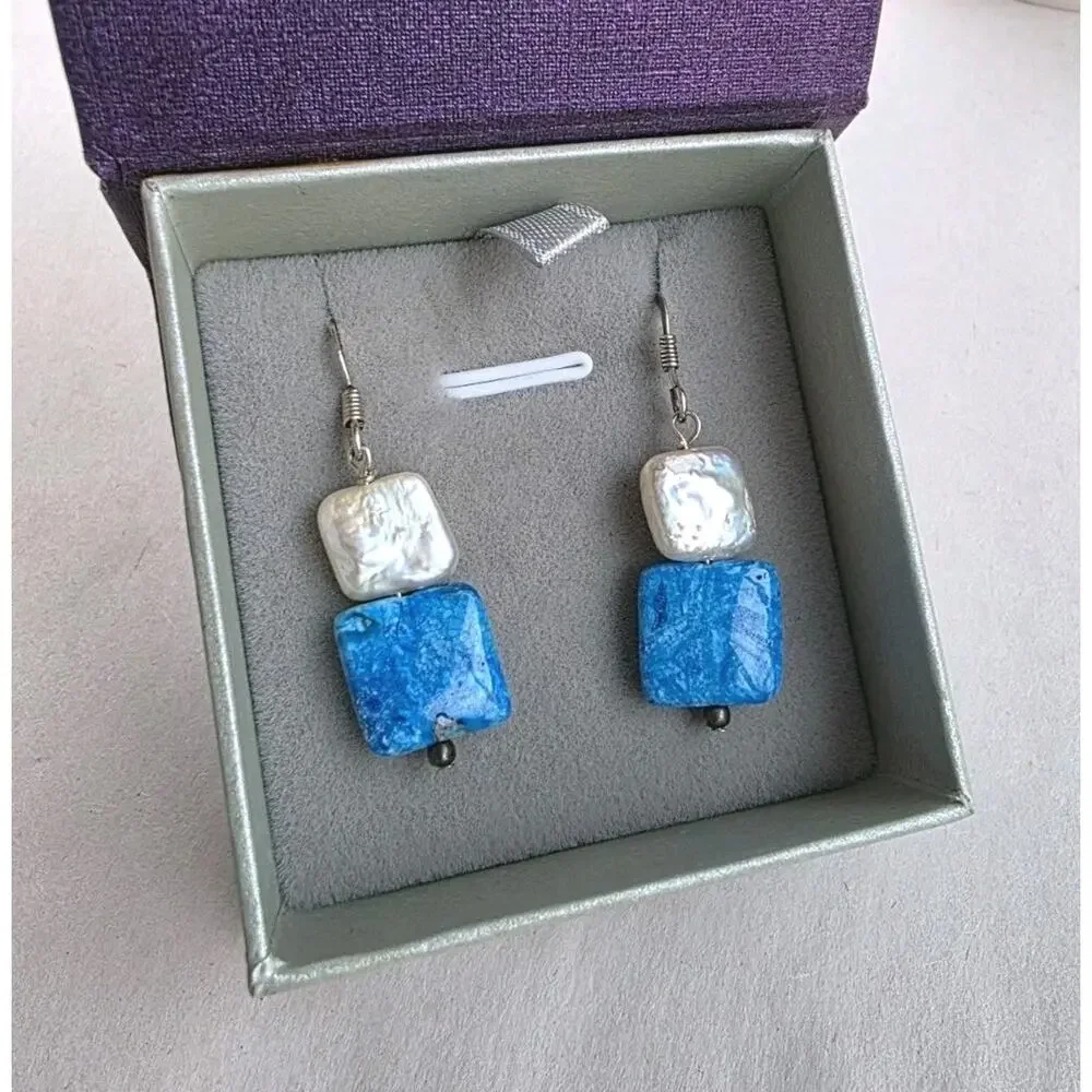 New Sterling Silver Dangle Earrings White Pearl Silver Blue Stone Stamped 925